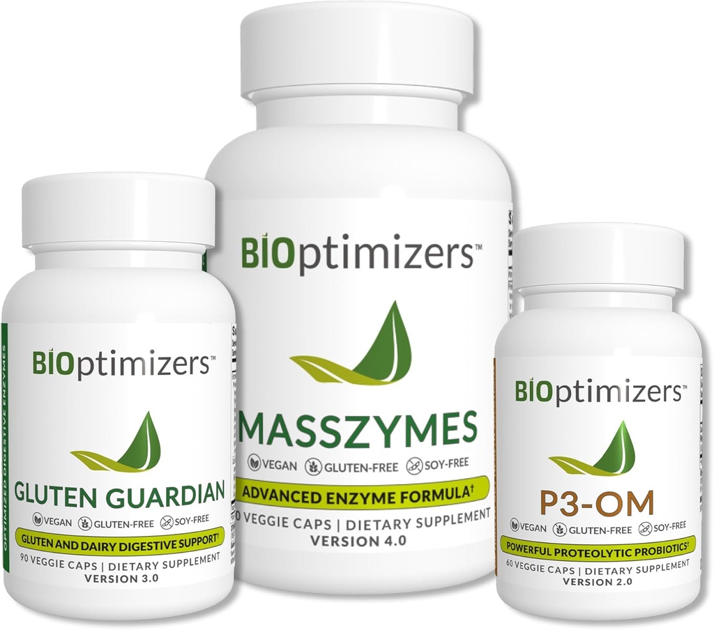 BiOptimizers Complete Gut Health Bundle - seedeensüümid probiootikumide ja prebiootikumidega - Bloating Relief ja seedetrakti tasakaal - P3-OM, Gluteen Guardian, MassZymes (270 kapslit)