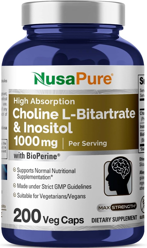 NusaPure Choline i Inositol 1000mmg - 200 Vieggie Caps (100% Vegetarian, no- GMO) Bioperina