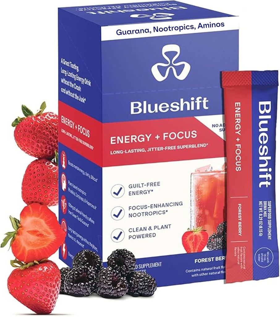 Blueshft Energija + Focus - Sweet Super Švarus Plant-pagrįstas energijos gėrimas suaugusiems, su Guarina, žalia arbata, Rhodiola, Kofeinas, B Vitaminai aiškumo & Focus, Nr Cukrus - Miltelių lazdelės (10 paketas)