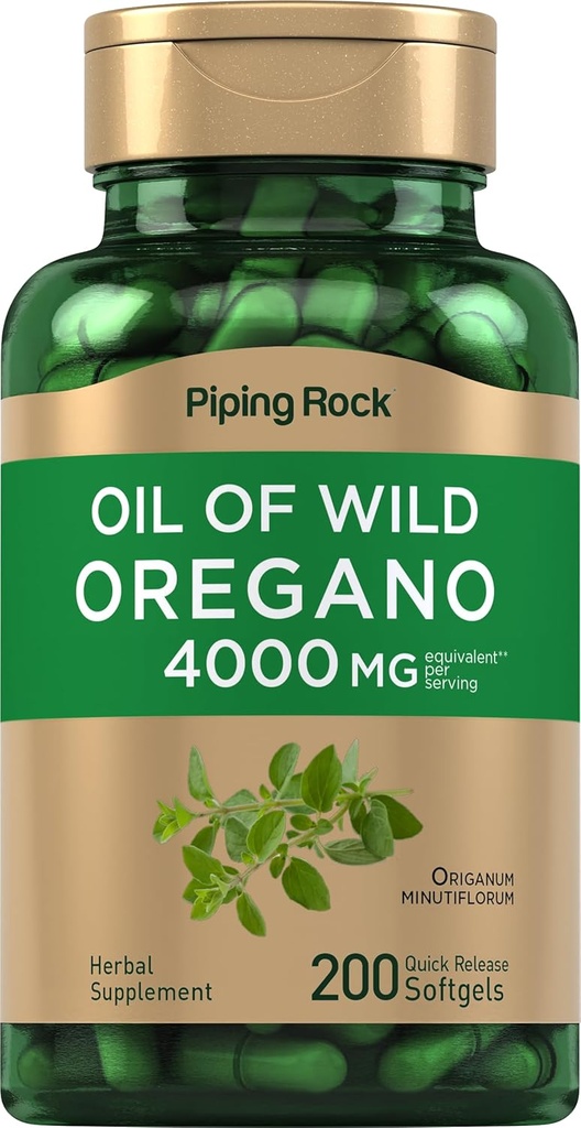 Piping Rock Oregano Oil Softgel 캡슐 4000mg | 200 알약 | 초본 추출물 보충 | 야생 수확 | 비 GMO, 글루텐 무료