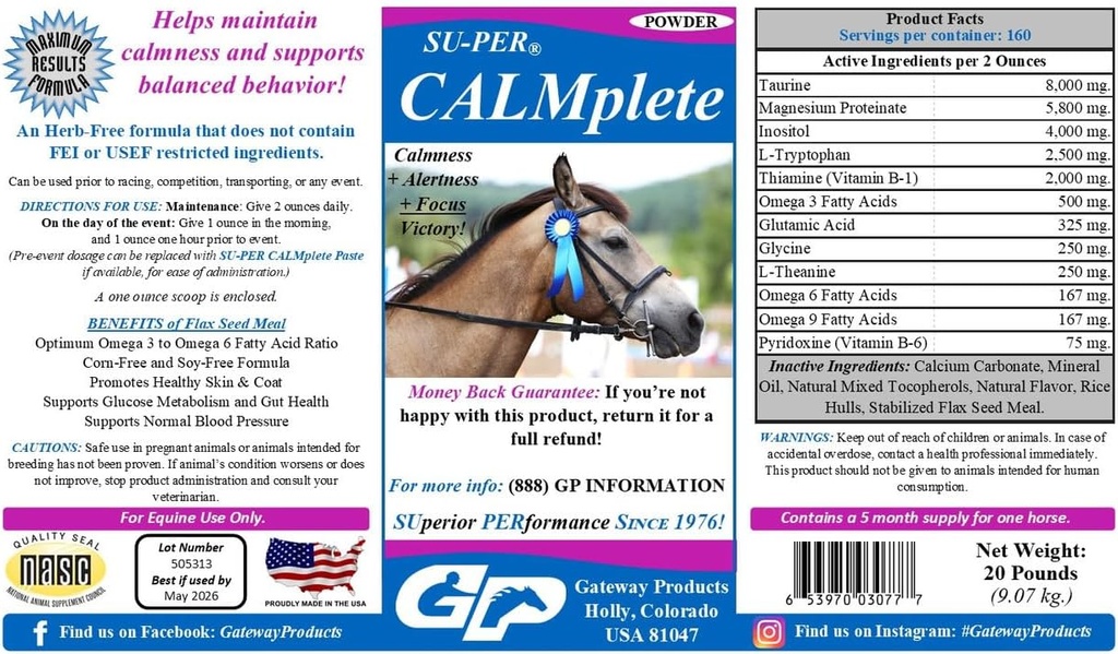 SU-PER CALMplete Calming Horse Supplement - Mantenha a calma e o comportamento equilibrado - Thiamina, triptofano e magnésio - 20 libras, suprimentos de 5 meses (150 dias)