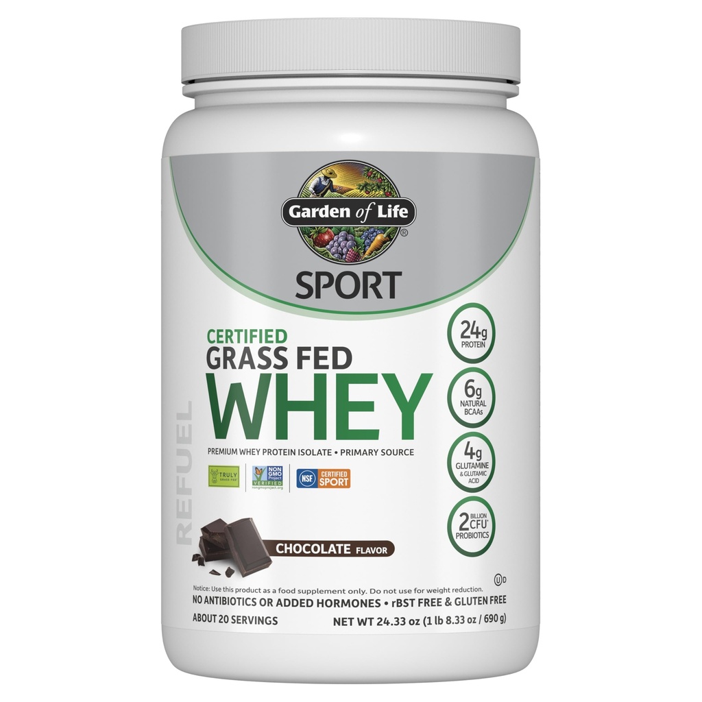 Garden of Life SPORT Whey Protein Powder Chocolate, Premium Grass Fed Whey Protein Isolate plus Probiotics for Immune System Health, 24g Protein, Non GMO, Gluten Free, Cold Processed - 20 Servings