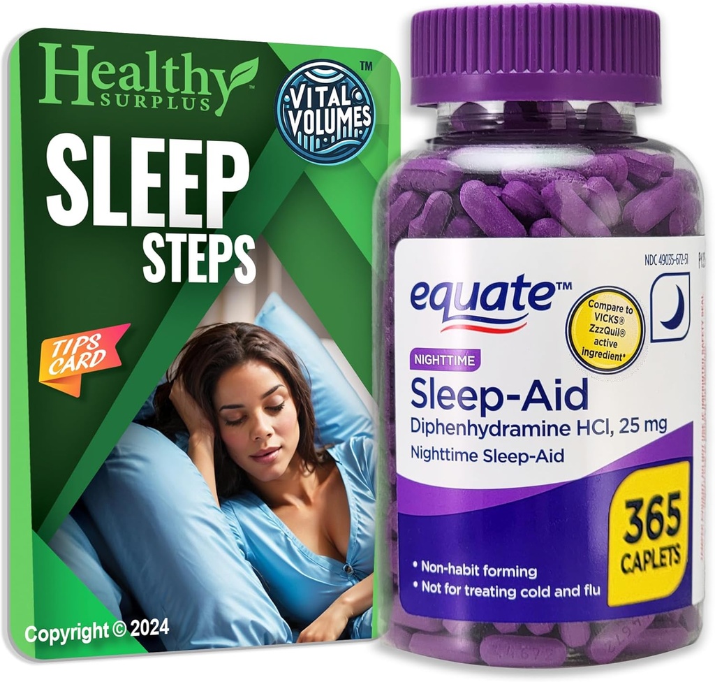 Equate Sleep-Aid Diphenhydramine HCI 25 mg 365 Caplets eta Vital Volumes Sleep Steps Aholkuak
