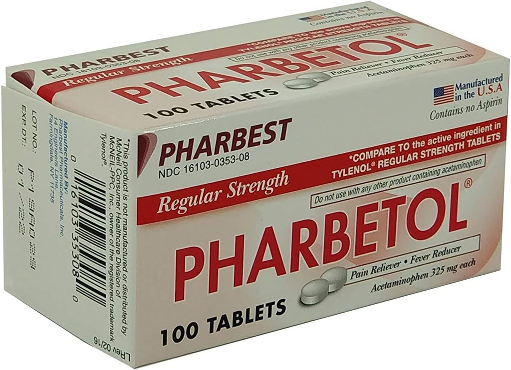 Pharbetol Acetaminophen 325mg Regular Strength, Pain Reliever, Fever Reducer Tablets,100 Count (Pack of 1)