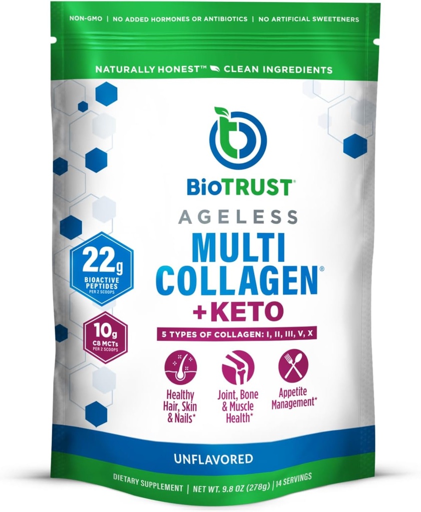 BioTrust Multi Collagen Protein Pulver + Keto MCT Öl – 5 Arten (I, II, III, V, X) & 100% Caprylic Acid C8 - Unterstützung erhöhter Ketone, Stoffwechsel, Gelenke & Schönheit Alle in 1 Collagen Pulver (Unflavored)