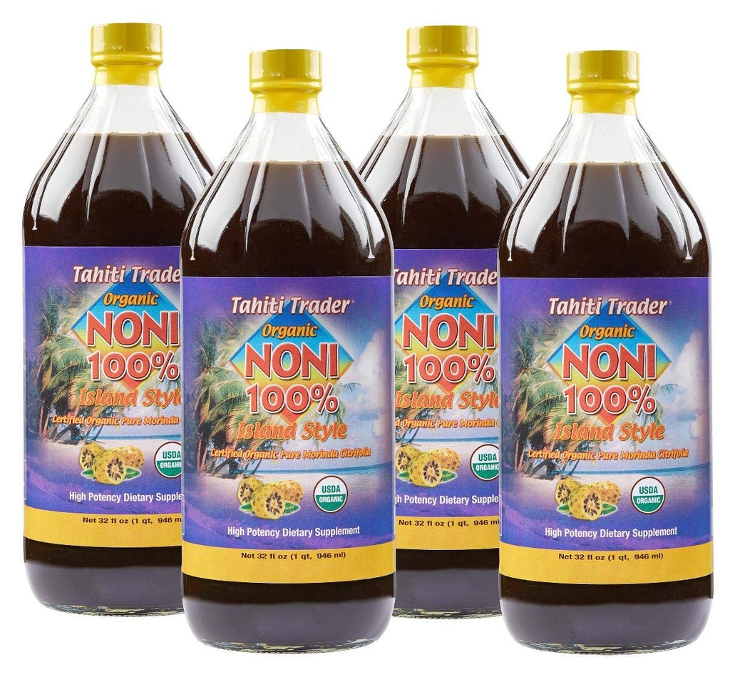 Tahiti Trader Island Style High Potency Noni Juice - Pure Noni Fruit Juice Fermented to Vinegar - Antioxidant Superfood Supporting Energy & Body Health - (32oz, 4 Pack)
