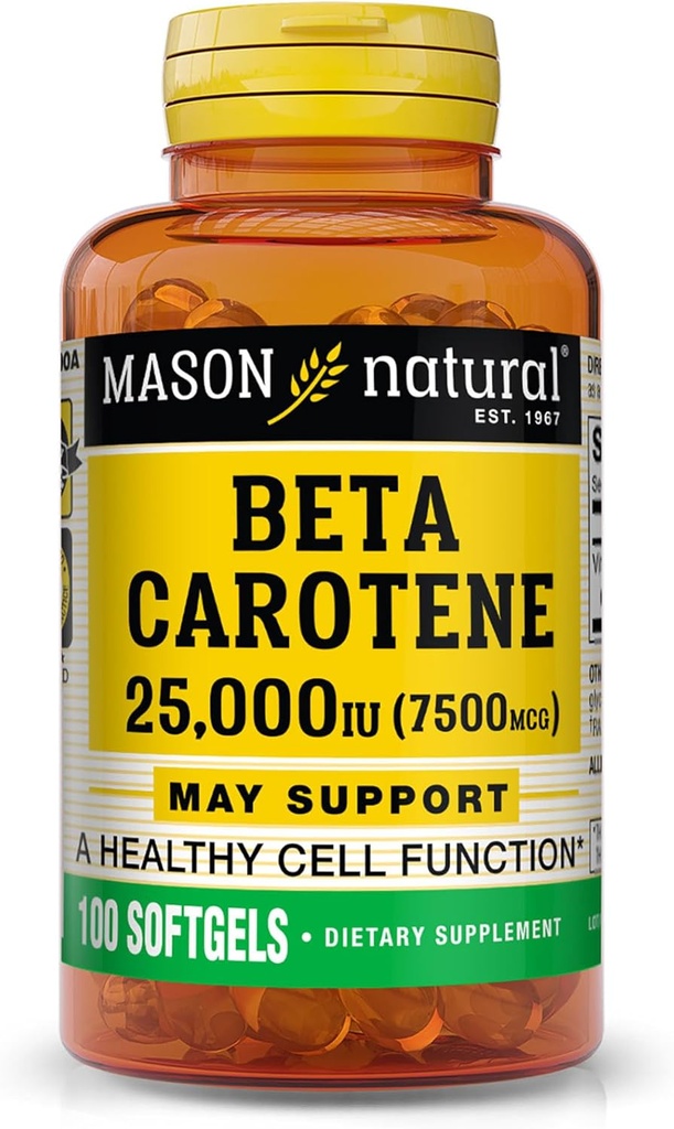 Mason Daxili Vitamin Beta Avtomobilotene 25 IU, Supports Vision, Cell Function & Immune Health, 100 Softgels, Paketi