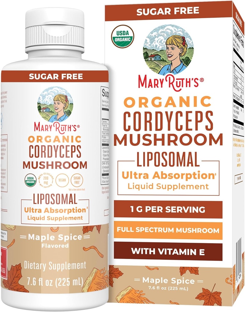 MaryRuth Organics Cordyceps Mushroom Supplement | Ultra Absorption Liposomal | Full Spectrum Mushroom | 200mg Beta-Glucans Per 서빙 | USDA Organic | Vegan | 7.6 oz | 15 서빙