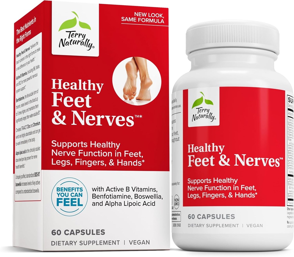 Terry Naturally Healthy Feet & Nerves - Herbal Supplement with Bioactive Vitamin B12 - Circulation & Nerve Health Support Supplement - Vegan Capsules with Boswellia Serrata - 60 Capsules