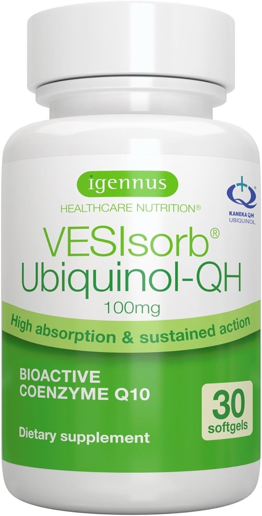 Igennus Advanced VESIsorb Ubiquinol 100мг 30 М'які гелі, 600% Біодоступність, Fast-Acting Water-Soluble Coenzyme Q10 Supplement для енергії та серця, 1-місне постачання