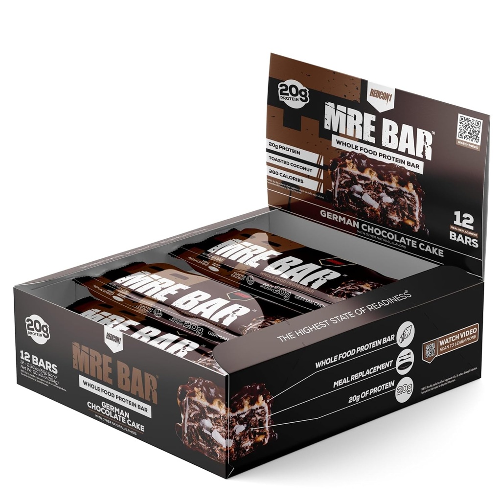 REDCON1 MRE Protein Bar, Γερμανική Σοκολάτα Κέικ - Περιέχει MCT Oil + 20g της ολικής πρωτεΐνης τροφίμων - Εύκολα digestible, Macro ισορροπημένη χαμηλή ζάχαρη Coal Replacement Bar (12 Bars)