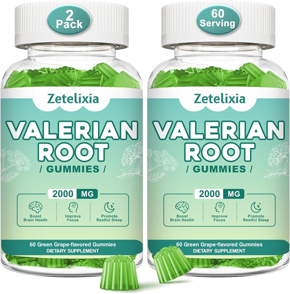 2 Pack Organic Valerian Root Gummies, Natural Calm para axudar a relaxación, Suplemento de herbas para soporte de humor, Melatonin libre, Non-GMO, Gluten Free, Vegan, Green Grape Flavor, 120 Count
