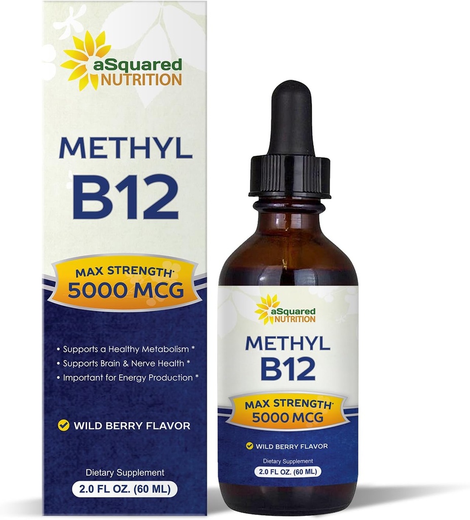 aSquared Nutrition Vitamina B12 picături lichide sublinguale - 5000 MCG Supliment cu metilcobalamină (metil B-12) - Max Absorbție B 12 pentru a crește energia - Vegan prietenos - 2 fl oz