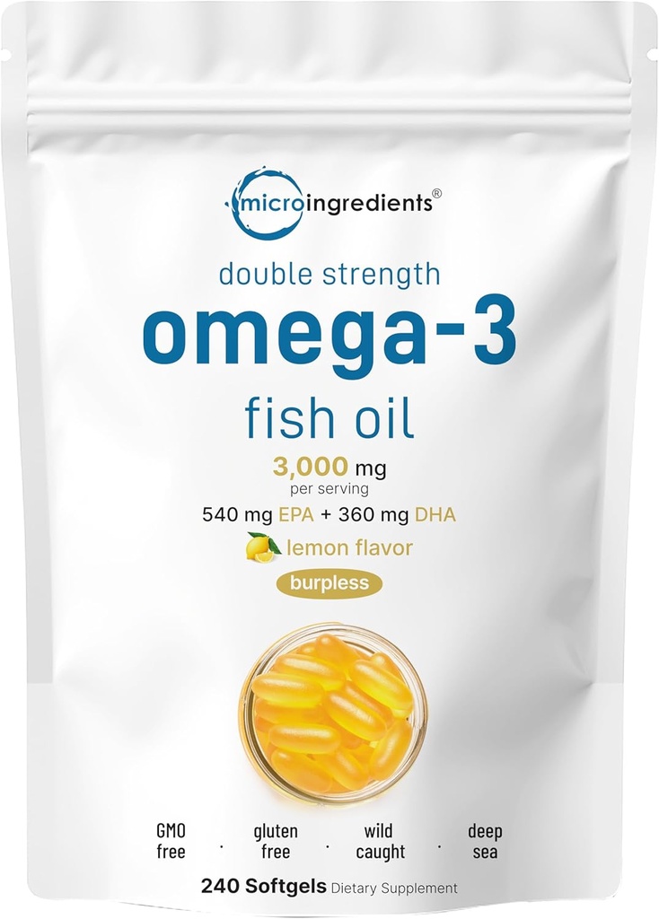 Suplementos de aceite de peixe Omega 3 3,000mg por porción, 240 Softgels | Lemon Flavored - Burpless | EPA 540mg + DHA 360mg | Deep Sea Fish