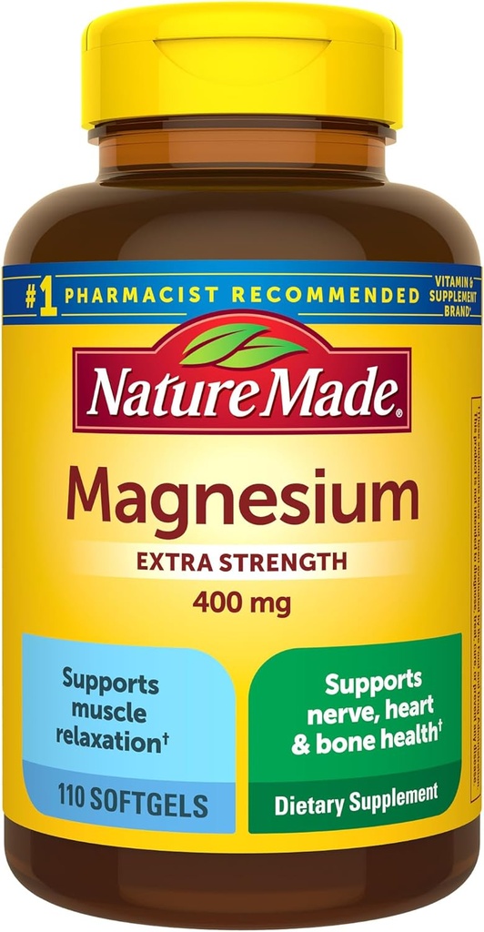 Nature Made Magnesium Oxide 400 mg Softgels, Extra Strength Magnesium supplements for Men and Women, Support for Muscle, Nerve, Bone and Heart, 110 Day Supply