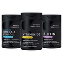 Sports Research® Body Wellness Pack - Triple Strength Omega-3 Fish Oil 1250mg from Wild Alaska Pollock, Vitamin D3 5000 IU with Coconut MCT Oil (125mcg) and Vegan Biotin 5000mcg Vitamin B7