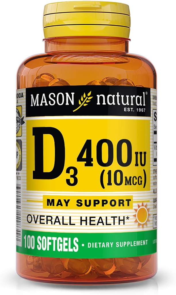 MASON NATURAL Vitamina D3 10 mcg (400 UI) - Suporta Saúde Geral, Fortalece Ossos e Músculos, 100 Softgels