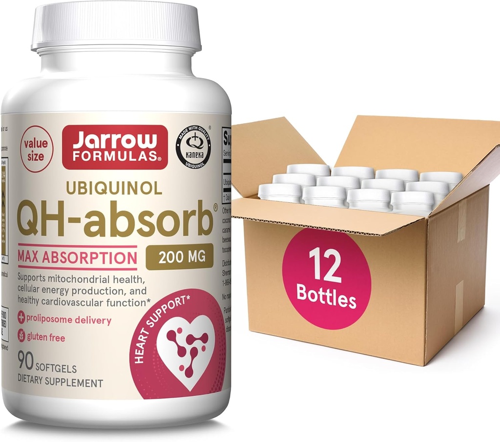 Jarrow Formulas QH-Absorb Ubiquinol 200 מ"ג, תוסף תזונתי, תמיכה בריאות Mitochondrial ותפקוד קרדיווסקולרי בריא, 90 Softgels, עד 90 יום אספקה (Pack של 12)