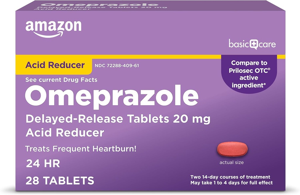 Basic Care Omeprazol Delayed Release Tablets 20 mg, Treats Häufige Sodbrennen, Säure Reducer, Sodbrennen Medizin, 28 Count (Verpackung kann variieren)