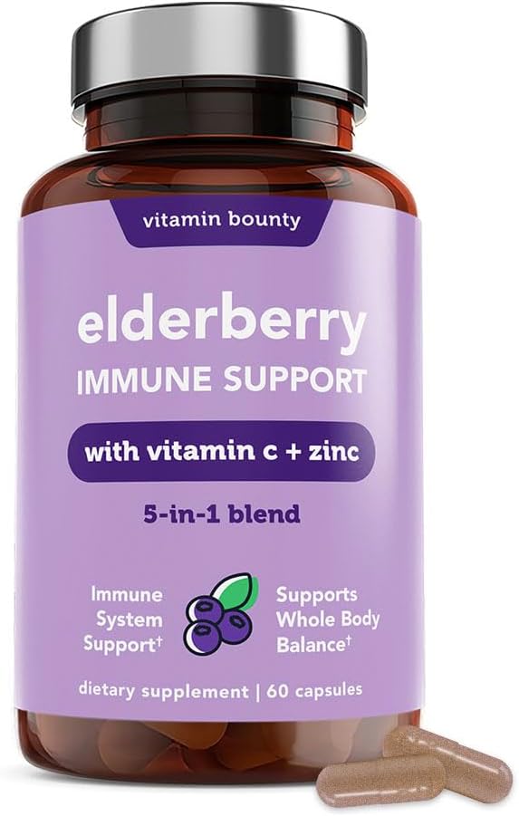 Vitamin Bounty Elderberry Organic Elderberry Capsules for Adults - Vitamin C and Zinc supplement, " Echinacea, Immune System Support, Advanced 5-in-1 Blend, Non-GMO - 60 Capsules
