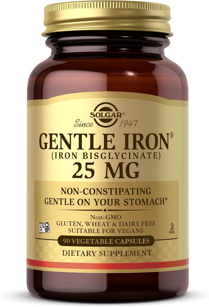 Solgar Gentle Iron (Iron Bisglycinate) 25 mg - 90 Vegetable Capsules - Non-Constipating, Gentle on Your Stomach - Gluten Free - 90 Servings