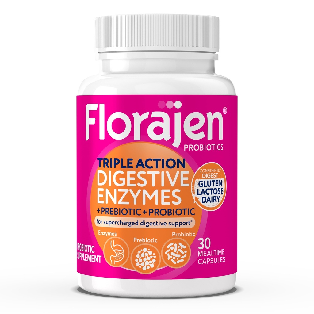 Florajen Digestive Enzymes with Probiotics & Prebiotics - Triple-Action Formula for Gut Health, Bloating, & Gas Relief - Supports Gluten & Dairy Digestion - Clean - Non-GMO - 30-Count