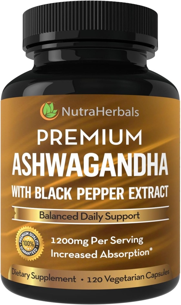 Ashwagandha Допълнение Made with Premium Ashwaganda Root Powder 1200mg with Black Pepper Extract for Exployment - 120 Vegi капсули