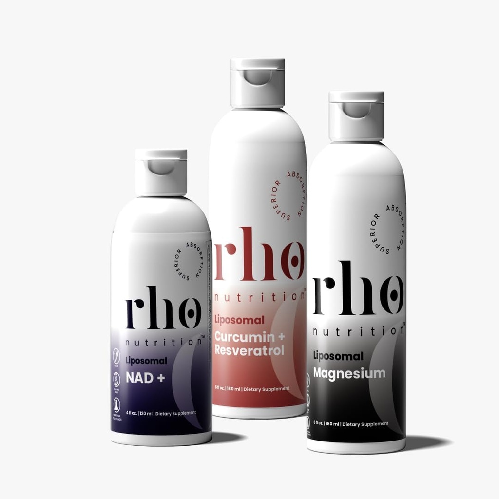 Pacote Rho Daily Essentials Wellness - Comece o seu dia, recupere à tarde e descomprima à noite com suplementos lipossomais de alta absorção – NAD+, Curcumina + Resveratrol, & Magnésio (3 Pack)