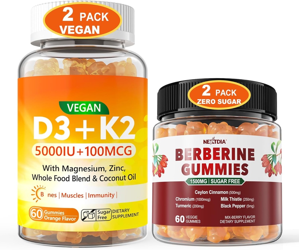 2Pack Vegan维生素D35000IU K2 Gummys+2Pack Berberine 补充1500mg Gummys