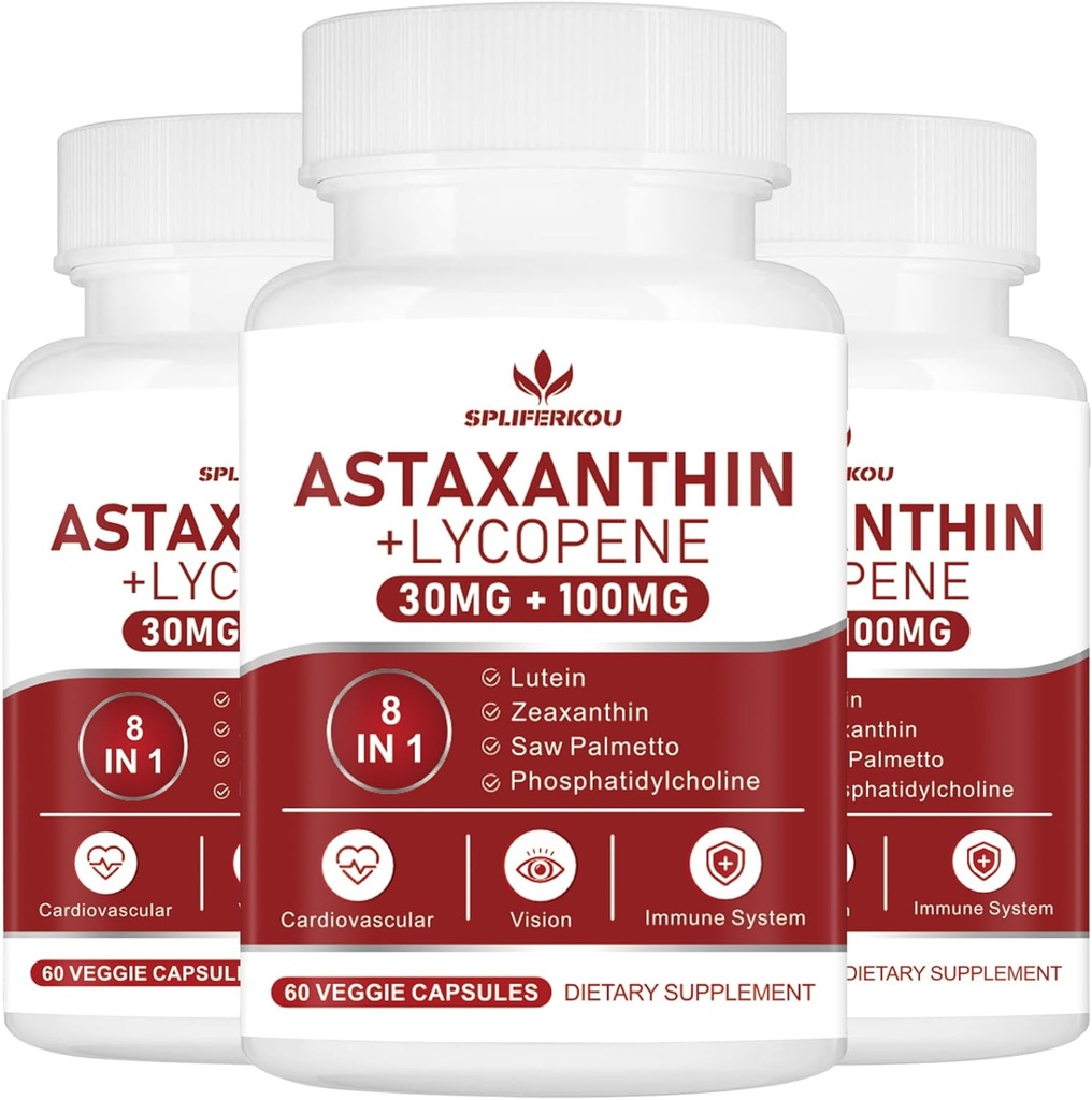 Astaxanthin ו Lycopene 70mg, Astaxanthin תוספת עם Phosphatidylcholine, Lutein ו Zeaxanthin, Powerful Antioxidants (180 קפסולות)