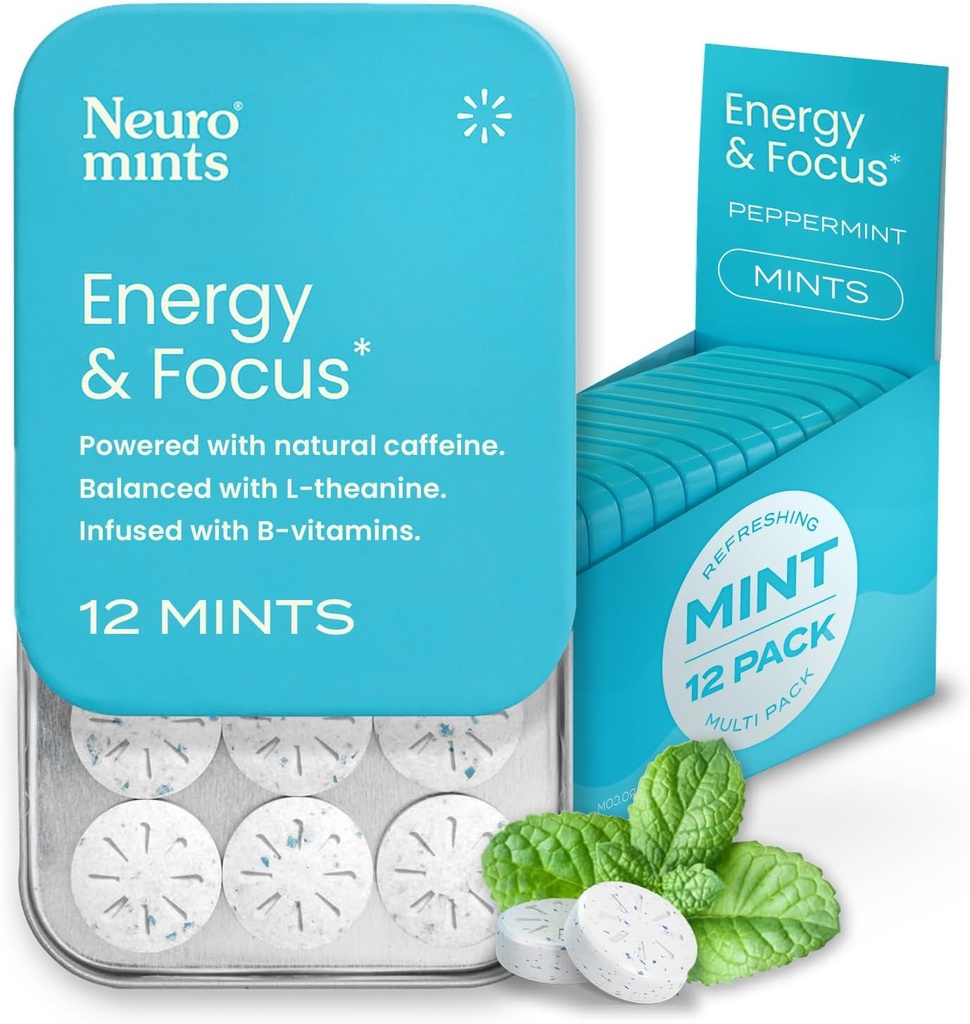 NeuroGum Energy Cafeine Mints (144 Piects) - 配有L-Teanine + Natural Cafeine + Vitamin B12 & B6的无糖食品 - 女性与男性的诺诺特能源与焦点补充 - Keto & Vegan, Peppermint Flavor