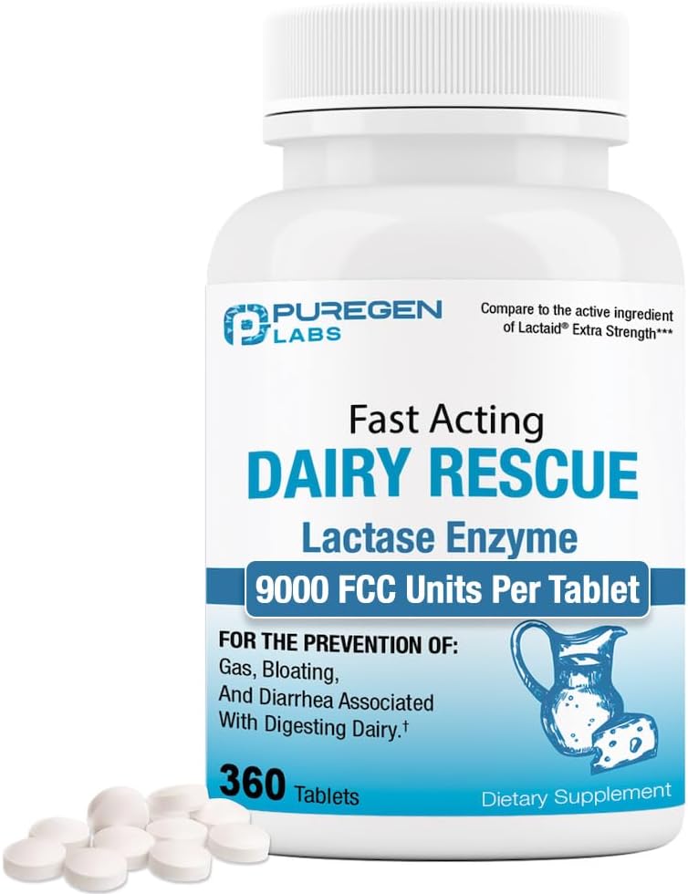 Puregen Labs Dairy Relief Fast Acting Laktaasi Enzyme 9000 FCC, Laktoosi-intoleranssi Pillerit 360 tablettia