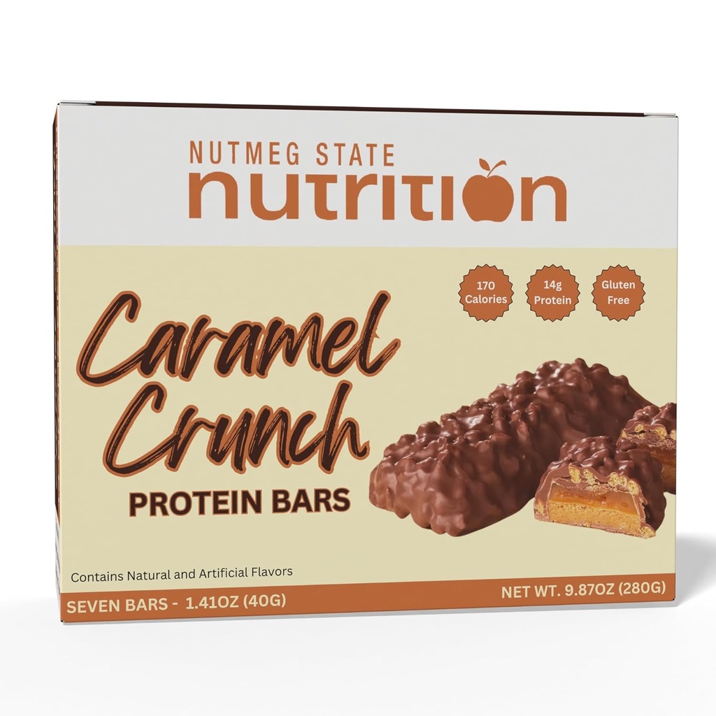 Nutmeg State Nutrition - High חלבונים Bars, Gluten Free, Low Cholesterol, Low Sodium, Low Sugar, Low Sugar Compatible חלבונים, 7 משרתות Per Box (Caramel Crunch)