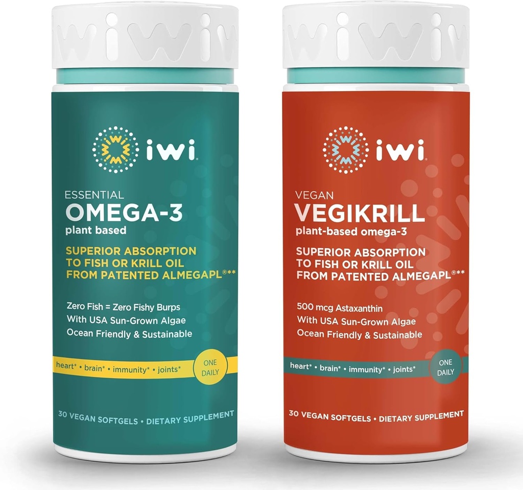 Iwi Omega33 Essential & Vegikrill Omega33 Bundle, 30 Servings, Vegan Plant- based Algae Omega 3, Krill & Fish Oil Alternative, No Fishy After taste