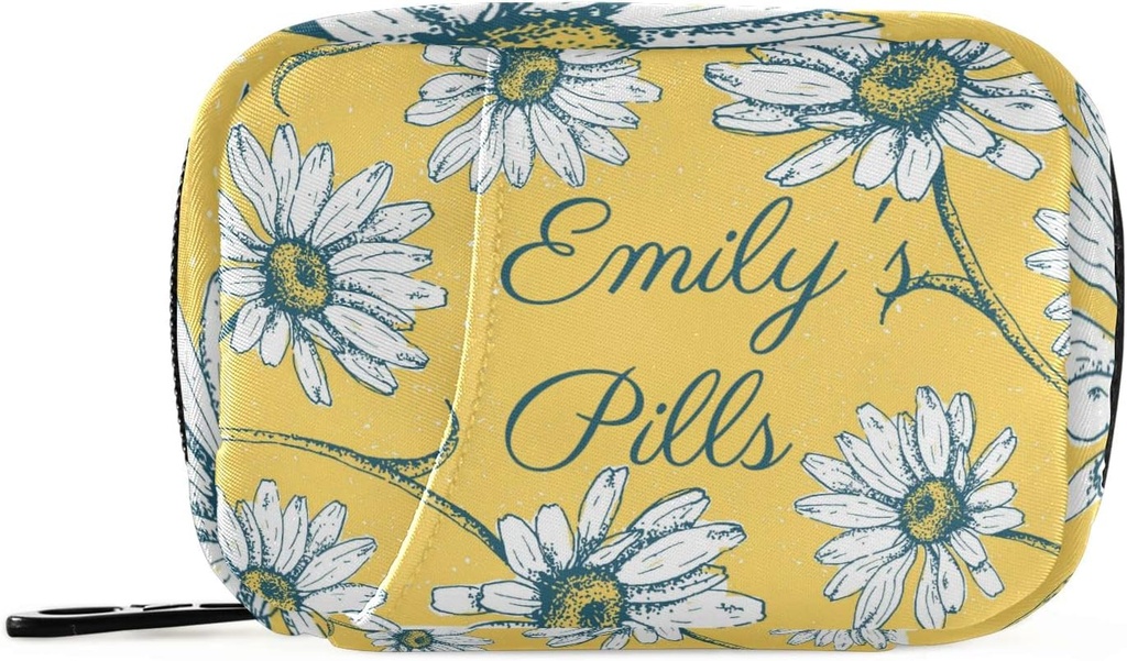 Custom Pill Box 7 Day Pill Pouzdro Taška Daisy Květiny Osobní Název Cestování Pill Pořadatel Taška se Zipper Přenosný Týdenní Pouzdro Kompaktní Velikost pro Vitamin Doplatek Držák