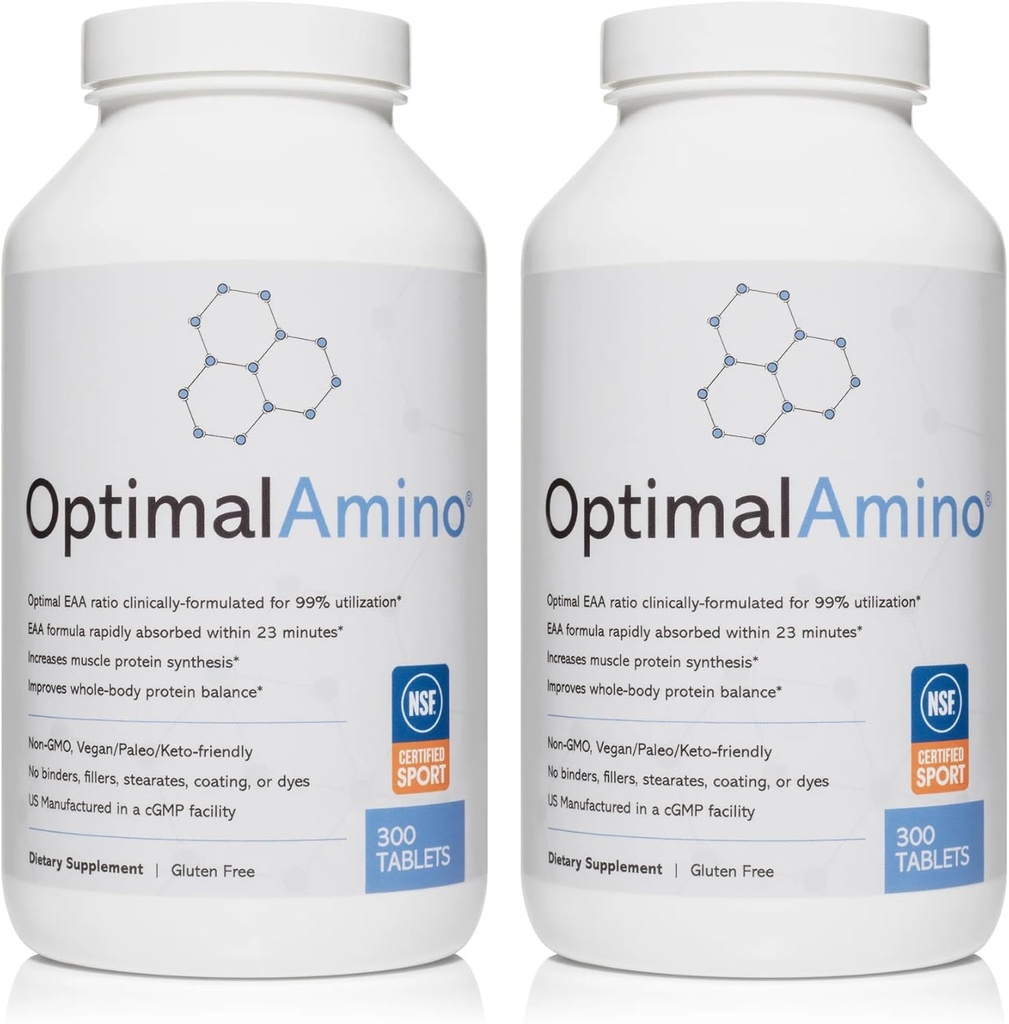 OptimalAmino Tablets Fitness Bundle (600 Count) | 99% Aminoacido essenziale utilizzato (EAA) Supplemento | Aumentare il recupero muscolare, BCAA Protein Pre/Post Workout, NSF Certificato per Sport® Certificato
