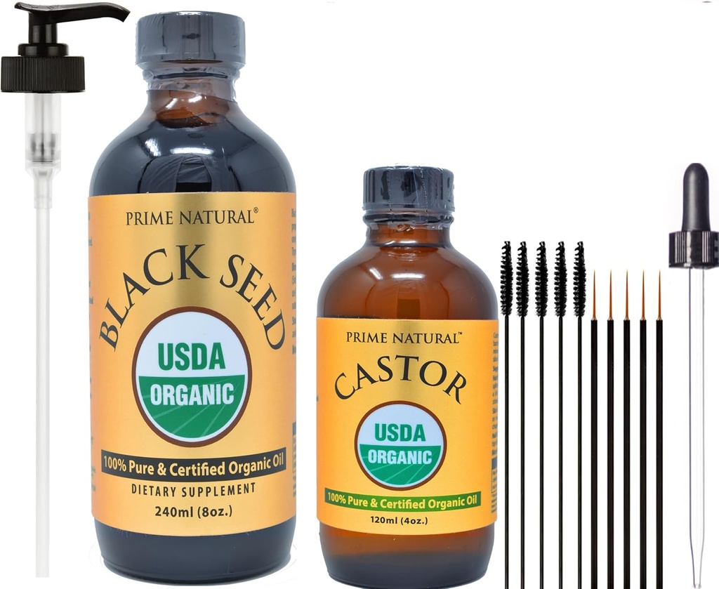 PRIME Natural Organic Black Seed Oil & Organic Castor Oil - 2 Oil Bundle - USDA Certified - Cold Pressed, Virgin, Unraffinaderijed, Veganistan, Non-GMO, No Conservatives