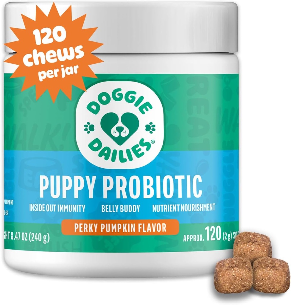 Doggie Dailies Puppy Probiotic, Propoles for Puppy with Digetical Enzymes, Promotes Digetical Health, Support Immune System & Overall Development (Labu) 120 Soft Chews