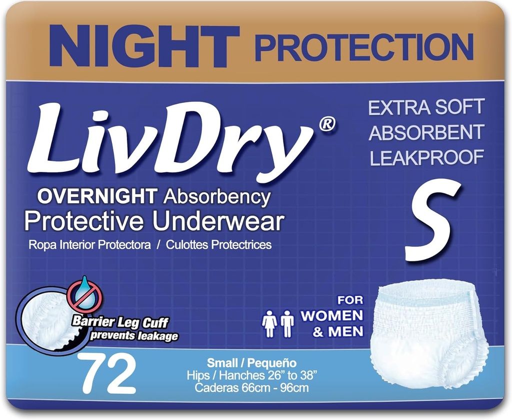 LivDry Adult S Independent Underwear, Naktinis komfortas Absorbency, Leak Protection, Mažas, 72- Pack