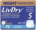 LivDry Adult S Incontinence Underwear, Overnight Comfort Absorbency, Leak Protection, Kiçik, 72-Pack