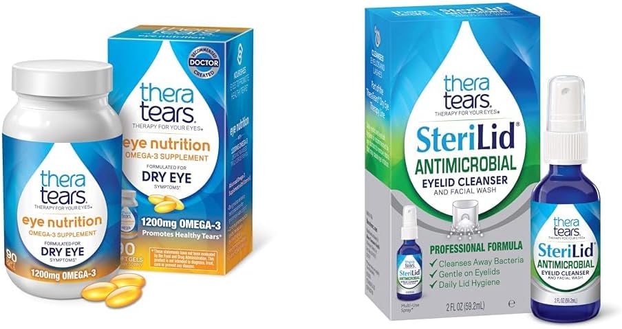 TheraTears Omega 3 Supplement, 1200mg, 90 ct (Pack of 1) & SteriLid Eyelid Cleanser och Face Wash, för irriterade ögon, 2 fl oz Spray