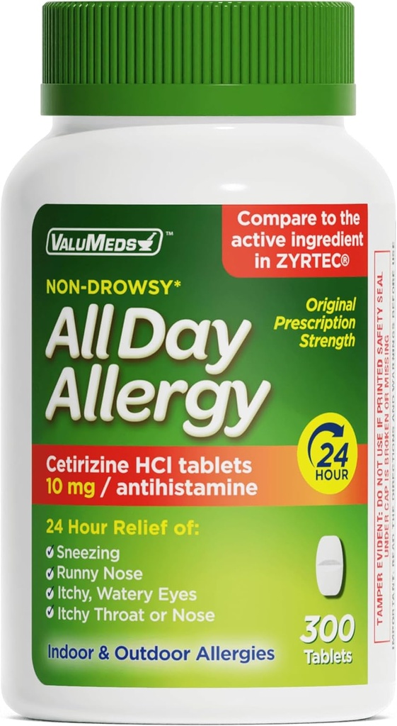 ValuMeds 24-Hour Allergy Medicine Antihistamine for Pollen, Hay Fever, Dry, Itchy Eyes, Allergies | Cetirizine HCl 10mg Caplets, Compare to Leading Brand (300 Count)