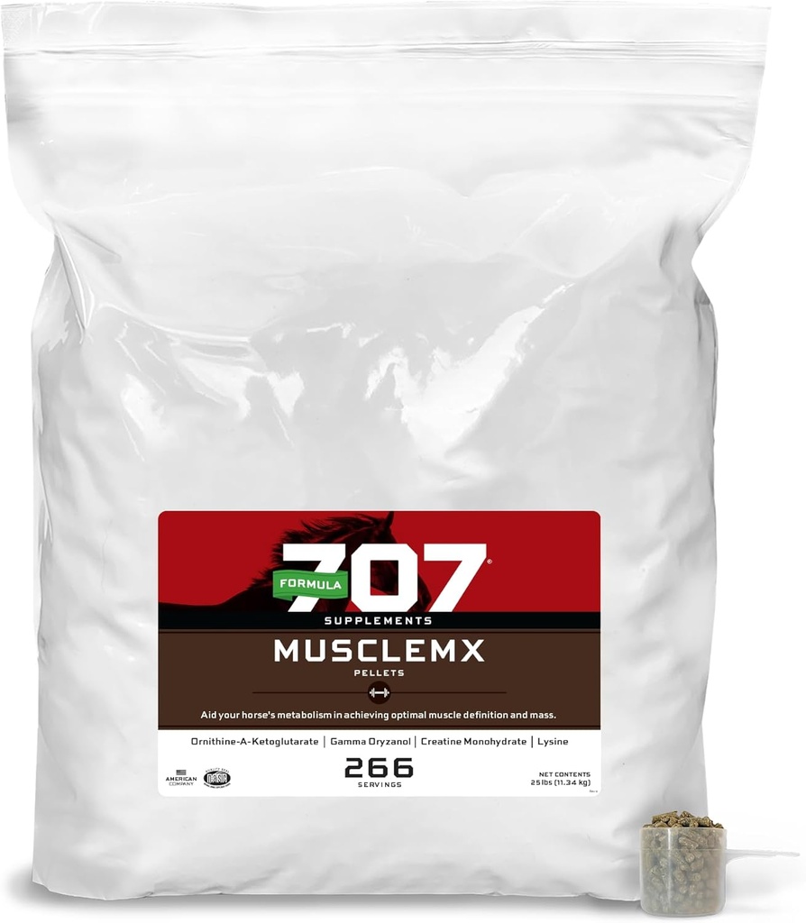 Vormel 707 MuscleMx Hobuste täiendus, 25lb Täidekott - Konditsioneerimistoetus ja lihaste ehitaja hobustele lüsiini, Gamma Oryzanol, Kreatiin & OKG