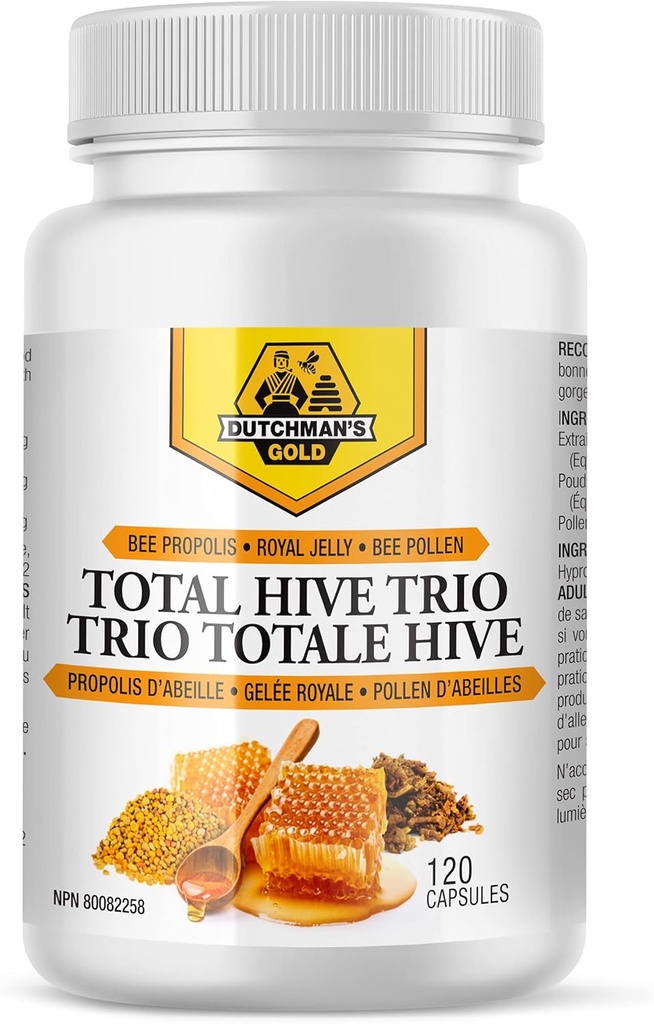 Holandiešu zelts Kopējais Hive Trio Kapsulas - 120 Veg Caps Aptuveni 30-60 Kalpojumi - Bišu Pollen Royal Jelly & Propolis Papildinājums - Superfoods antioksidants Imūnsupport - Natural Honey Mix