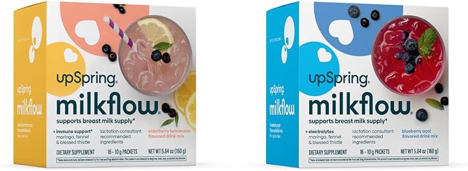 UpSpring Milkflow Breastfeeding Supplement Drink Mixes | Fenugreek-Free | Moringa | Elderberry Lemonade & Blueberry Acai Flavors | Suplementos de Lactación