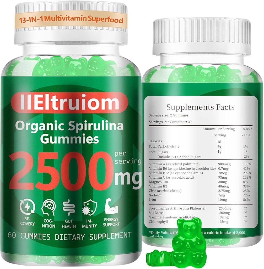 Organic Blue Spirulina Chlorella Gummies, 13-in-1 Super Greens & Superfoods, Spirulina 2500mg Enhanced Daily Energy with Sea Moss, Chlorofyl, GLA, Gluten Free, 60 Vegan Gummies