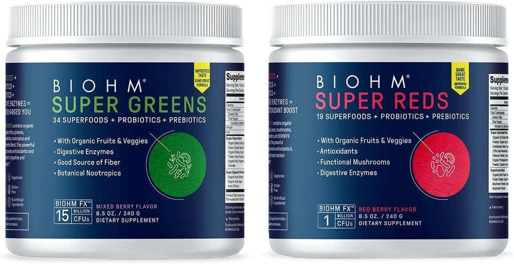 BIOHM Super Reds and Greens Bundle, Superfood Powder with Probiotics and Digestive Enzymes, Packed with Antioxidants and Polyphenols, Allergen Free, Non-GMO, Vegan - 30 Servings Each