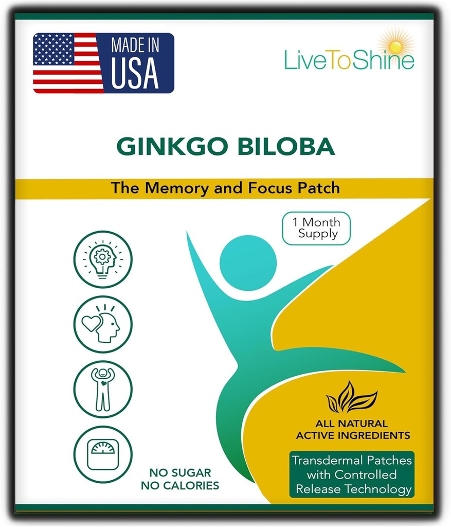 Live To Shine Ginkgo Biloba Patch - 30 Gingko Transdermal Patches - Fornecimento de um mês para mulheres e homens - EUA Made