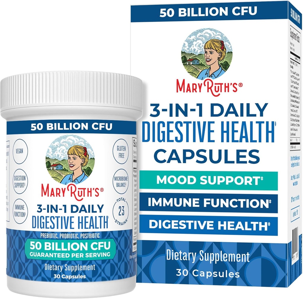 MaryRuth's 3-in-1 Probiyotiks for Digestive Health / Prebiyotik & Postbiotic / Qadınlar üçün Gut Health Supplement & Men / 23 unikal Strains | Immune Support | 50 Milyar C | 30 Xidmət