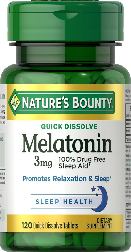 Dabas Bounty Melatonin, veicina relaksāciju un miegu, 100% zāļu bezmaksas Miega palīglīdzeklis, 3 mg, 120 Quick Izšķīdiniet tabletes